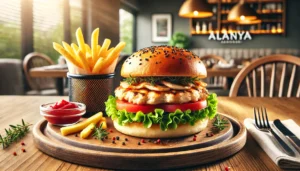 Alanya BBC Burger restoranının leziz tavuk burgeri, uygun fiyatlarla sunuluyor.